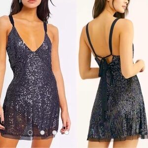 Free People Navy Sequin Mini Dress with Tie Back